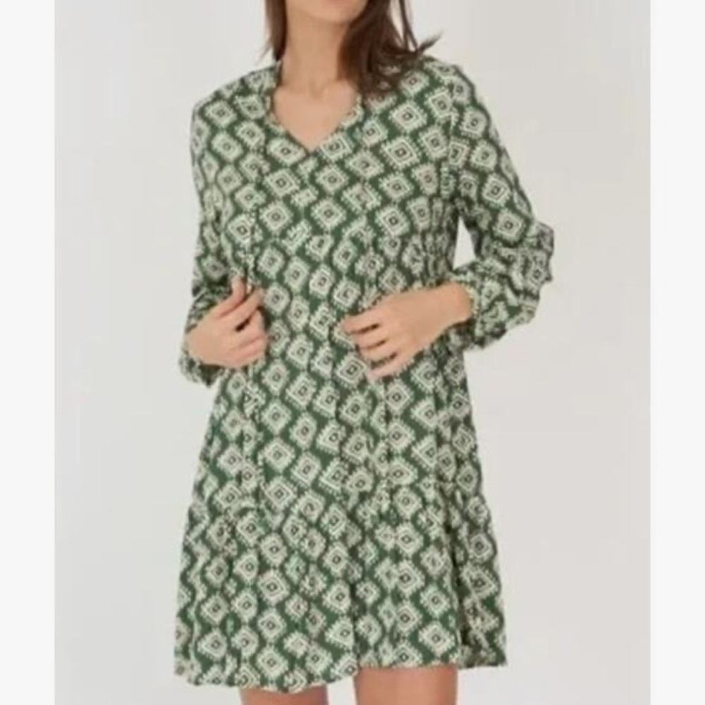 Zara Cadie Long Sleeve Tiered A-line Mini Smock Dress Green/Cream XS Boho Hippie